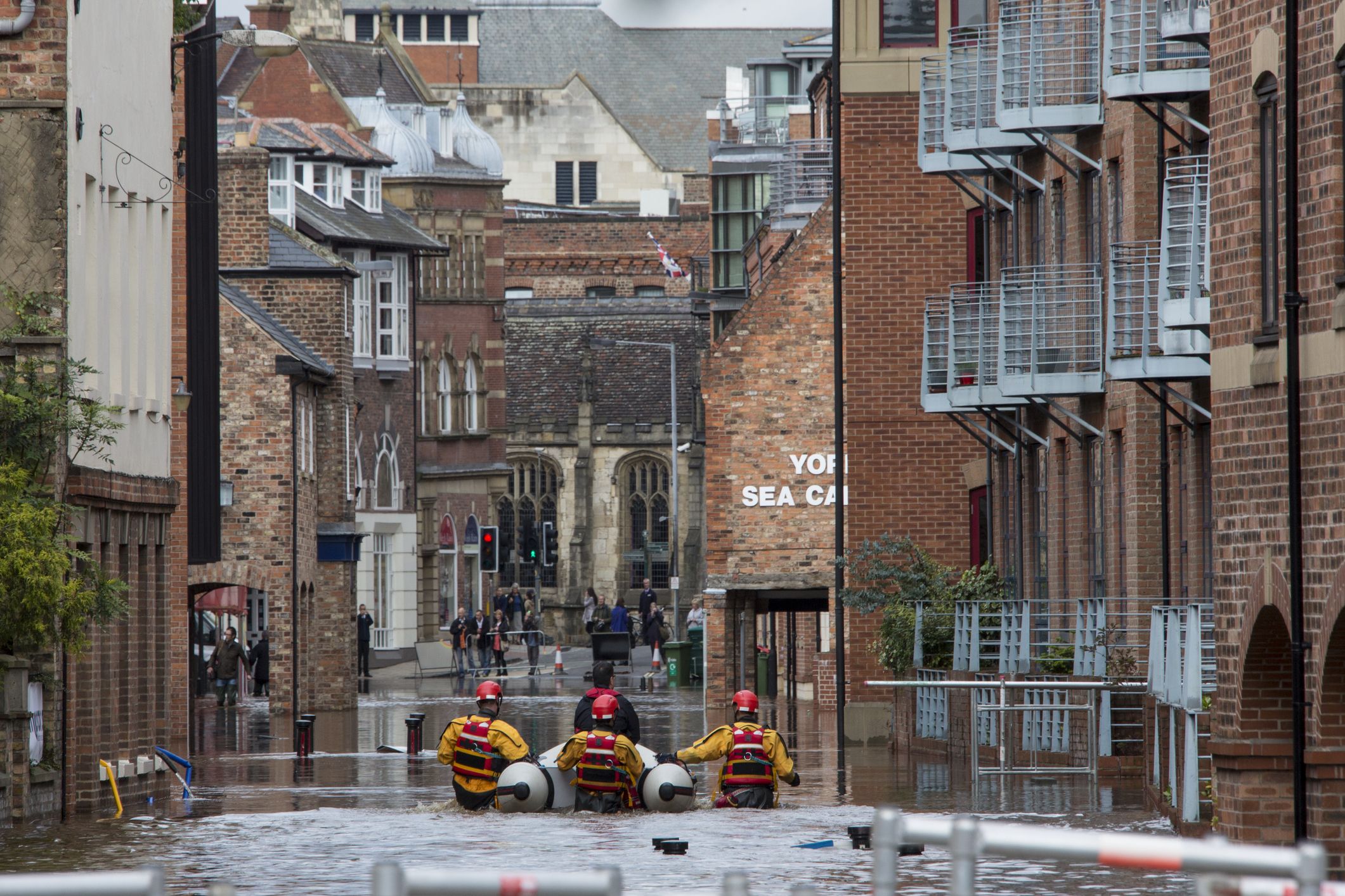York, United Kingdom - September 27, 2012: The River Ouse overflows following a period of heavy rain and floods the streets of central York in the United Kingdom.